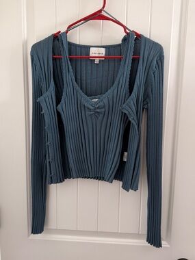 Pink Rose Slate Blue Ribbed Tank with Matching Cardigan